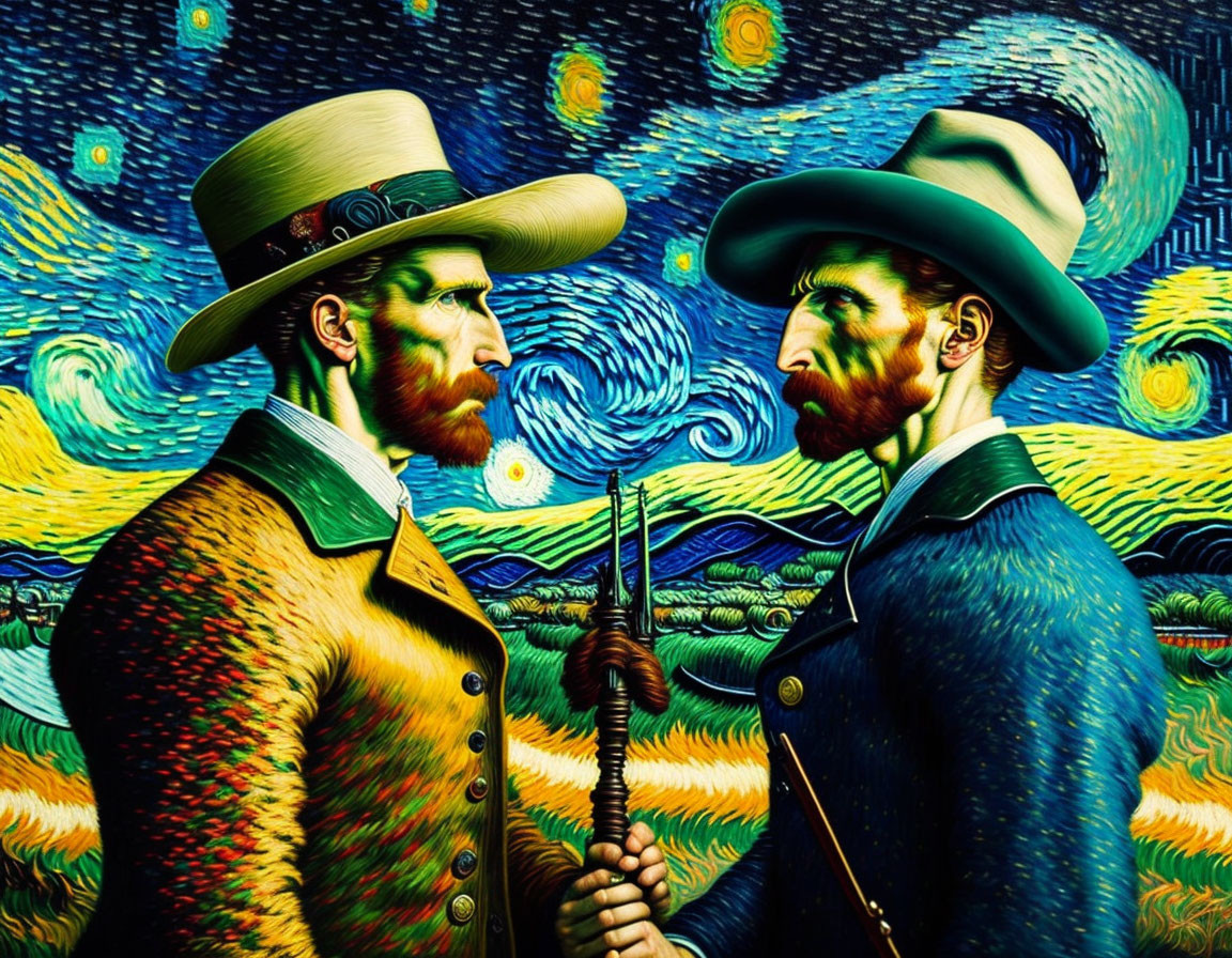 Stylized men in period attire with Van Gogh-inspired background.