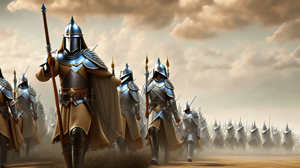 Armored knights with lances on dusty plain under dramatic sky