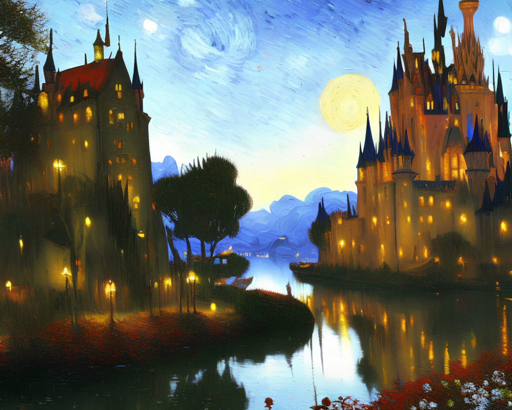 Night scene: castle near river with starry sky, trees, flowers