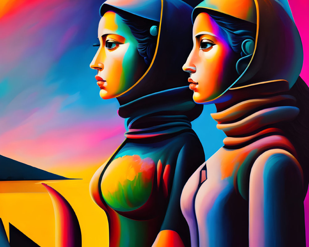 Stylized women in retro space helmets on vibrant cosmic background