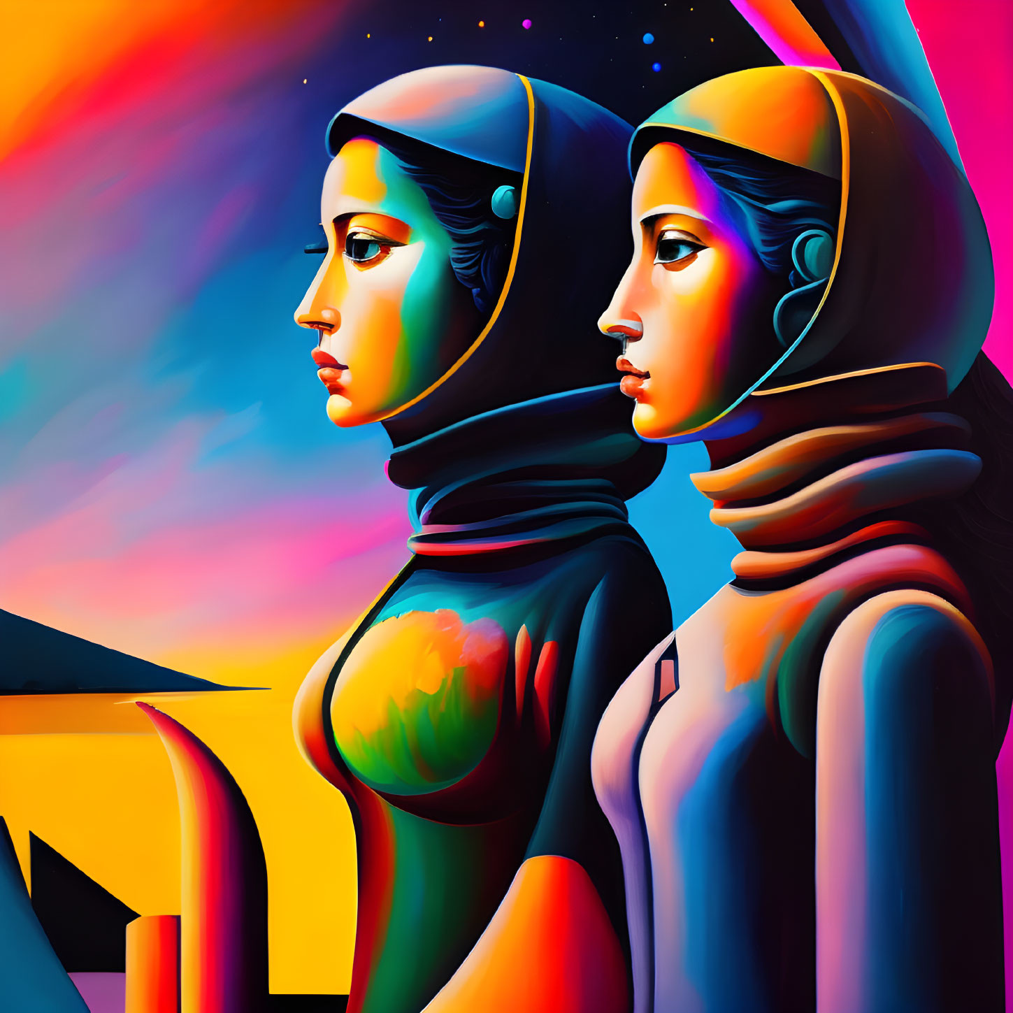 Stylized women in retro space helmets on vibrant cosmic background