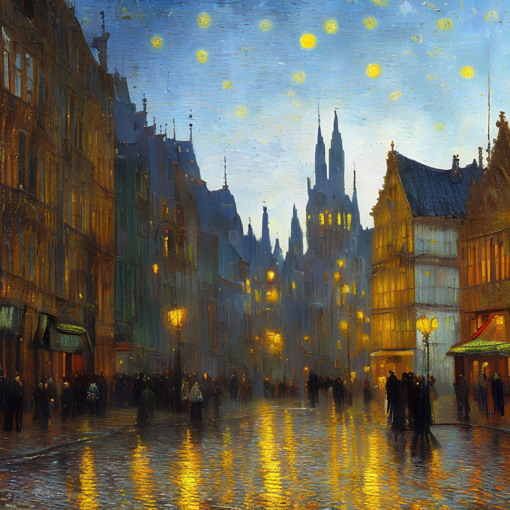 Illuminated evening street scene with starry sky in old European city