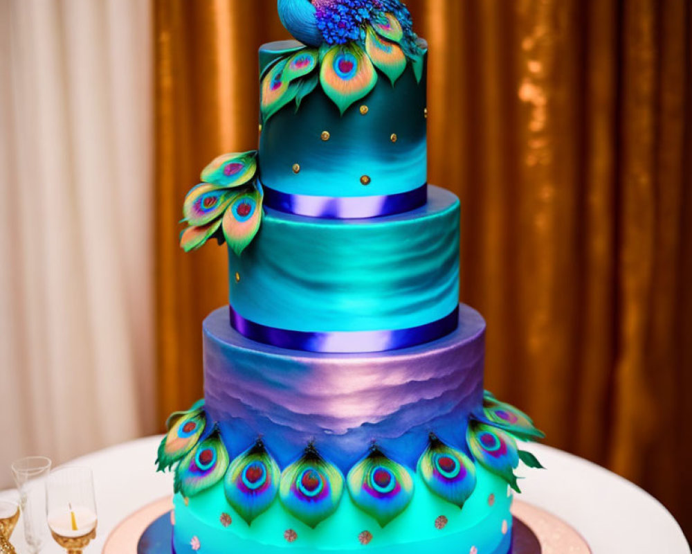 Vibrant blue and purple peacock-themed multi-tiered cake with edible feathers