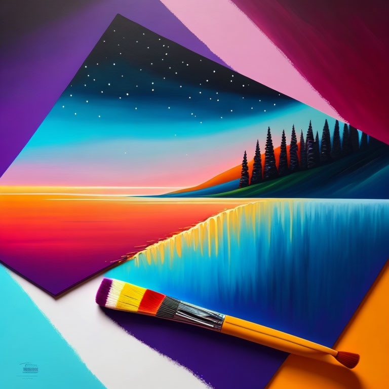 Colorful Surrealist Painting of Geometric Landscape with Stars and Trees