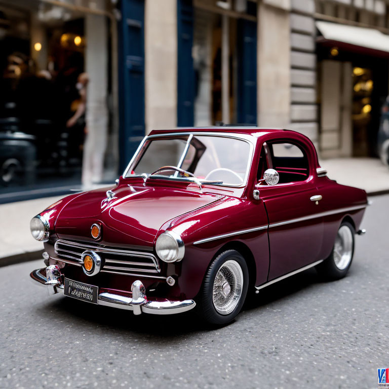 Detailed Classic Burgundy Car Model with Chrome Detailing on City Street