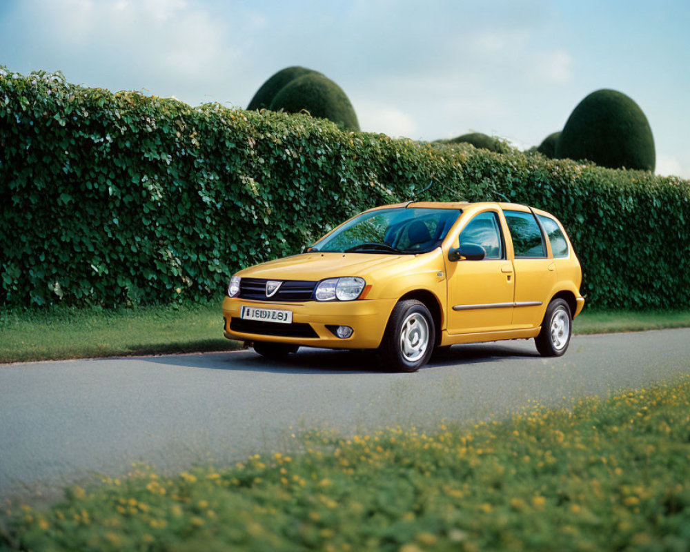 Bright Yellow Car Parked Near Manicured Hedges under Clear Sky