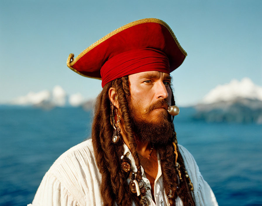 Pirate costume with red hat and braided beard near icy seascape