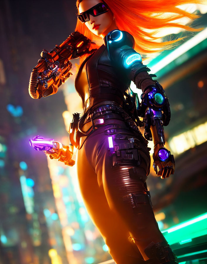 Futuristic female cyborg with glowing orange hair and neon blue visor in neon-lit city