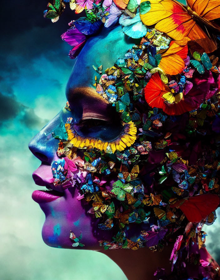 Colorful Makeup and Butterfly Headpiece Portrait Against Stormy Sky