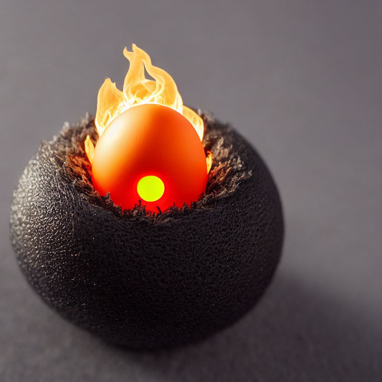 Digitally edited image of glowing lava-like egg with flames on dark background