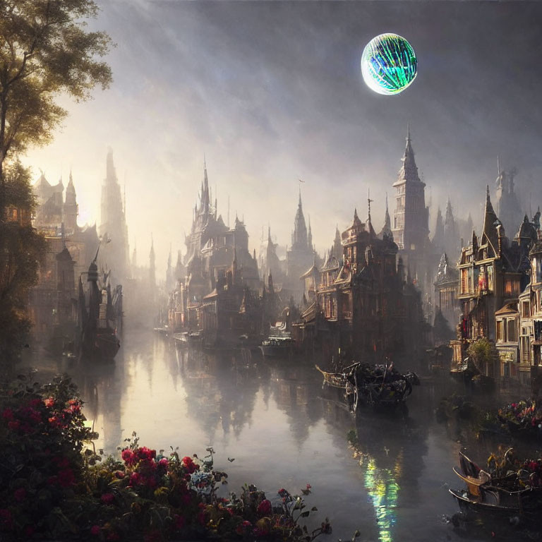 Fantasy cityscape at dusk: illuminated buildings, misty river, boats, vibrant flowers, glowing