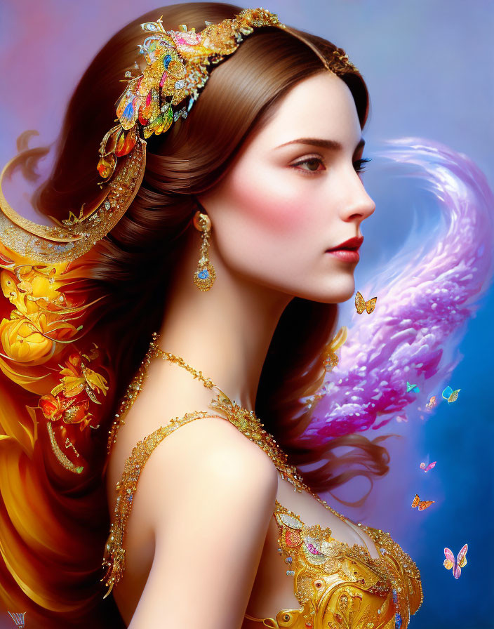 Profile of woman with golden hair & jewelry surrounded by butterflies on blue background