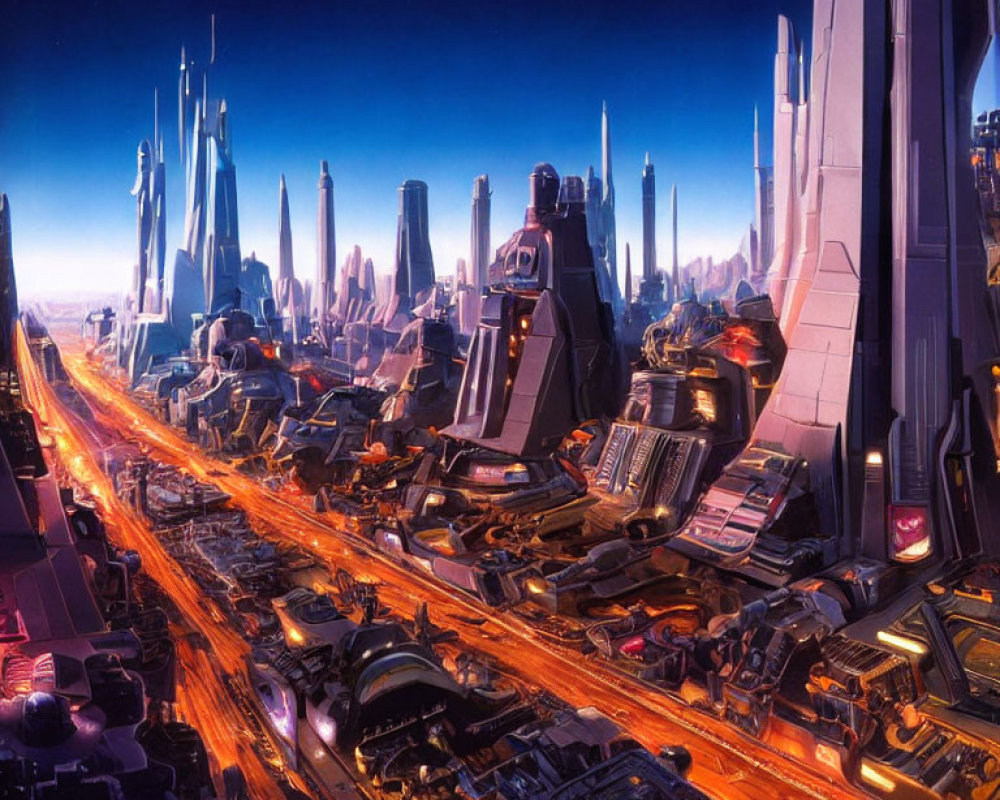 Futuristic cityscape with skyscrapers, neon lights, and glowing traffic lanes.