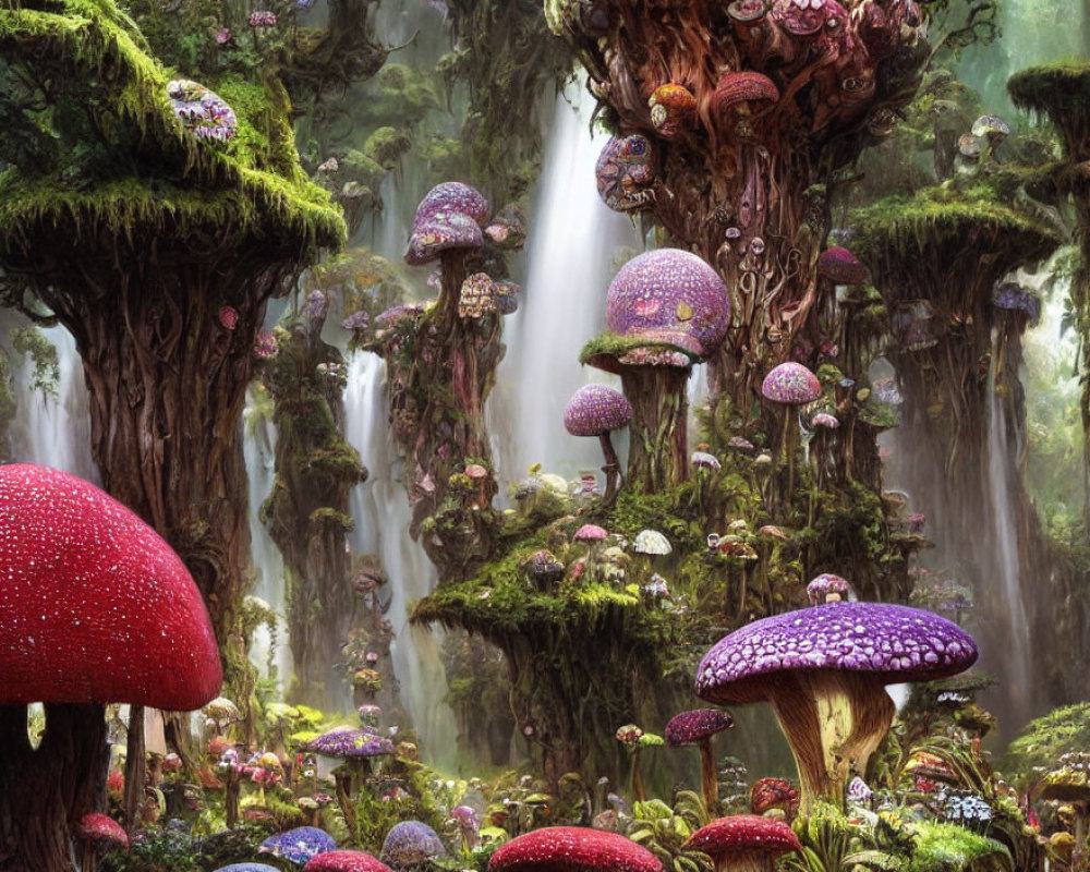 Enchanting forest with oversized mushrooms and lush greenery