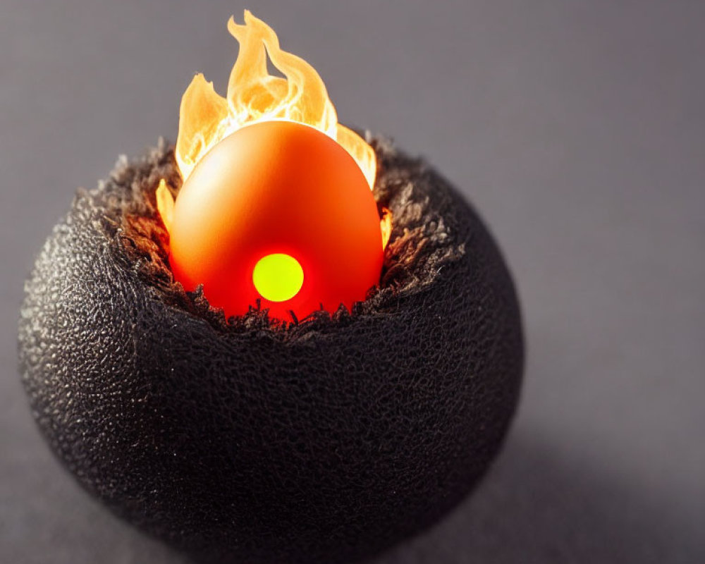 Digitally edited image of glowing lava-like egg with flames on dark background