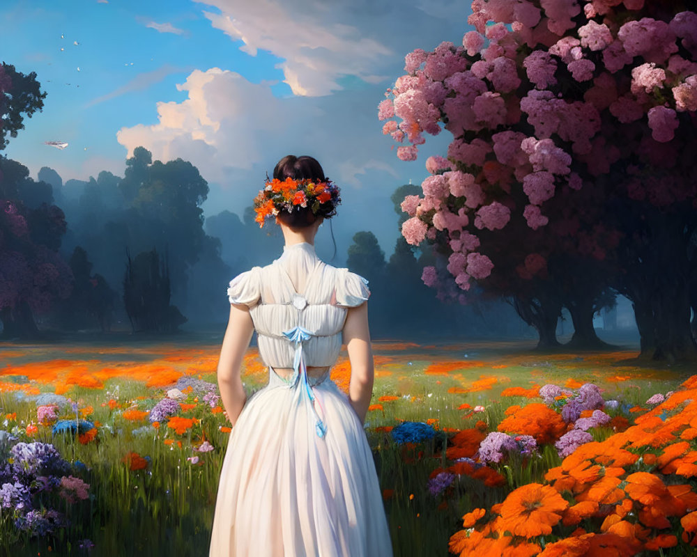 Woman in white dress with floral wreath in vibrant field of orange flowers and pink-bloomed trees