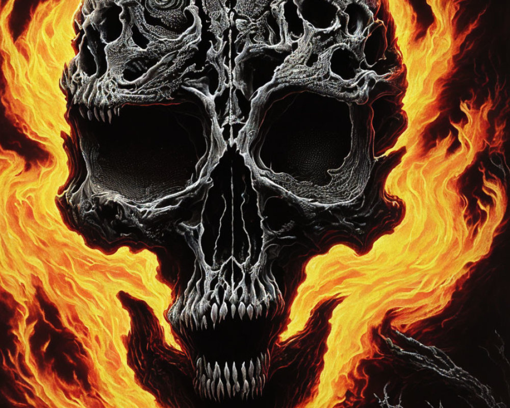 Detailed Skull Art Surrounded by Vivid Flames
