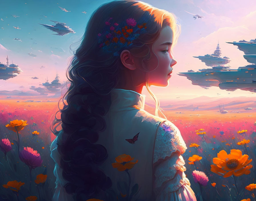 Digital artwork of young woman admiring sunset sky with floating islands, surrounded by vibrant flowers and butterfly.