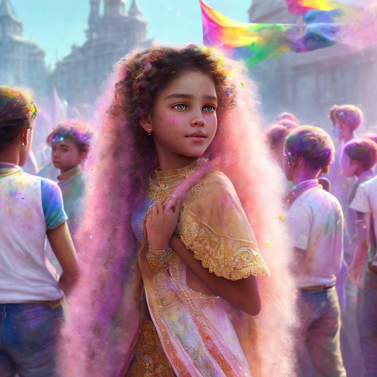 Curly-Haired Girl in Colorful Crowd with Festival Flag