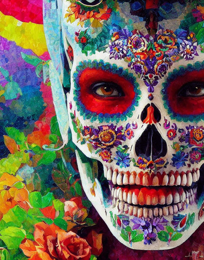 Skull with Dia de los Muertos face paint and floral patterns on vibrant background