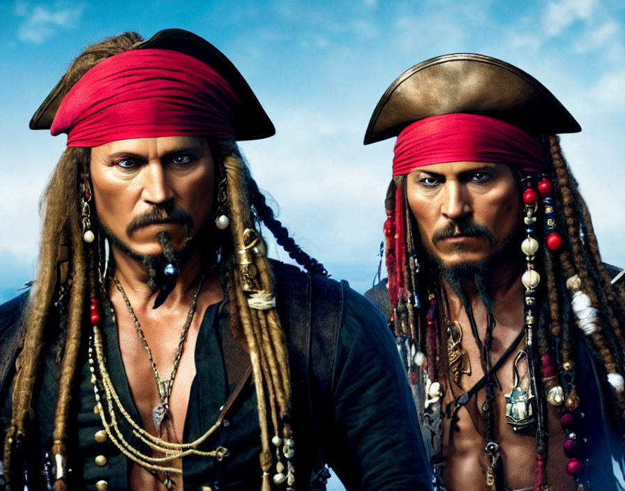 Identical pirate characters with red bandanas and dreadlocks in the sky
