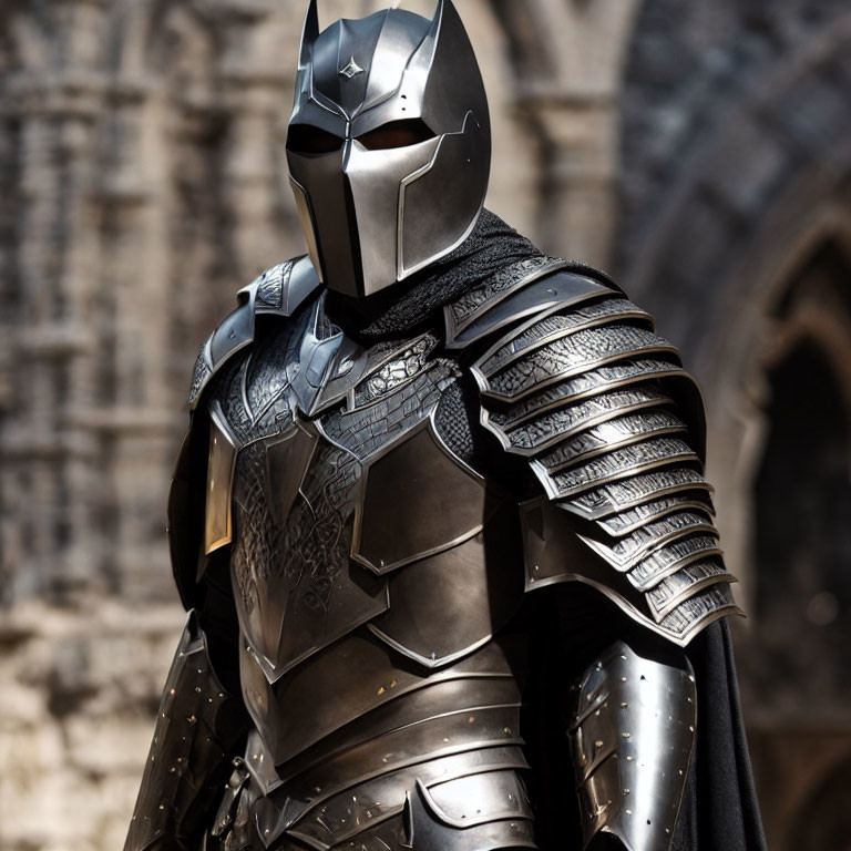 Medieval-style black armored suit with full helmet and gauntlets by stone building