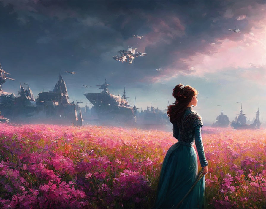 Woman in Blue Dress in Pink Flower Field with Floating Ships in Fantasy Landscape at Dusk