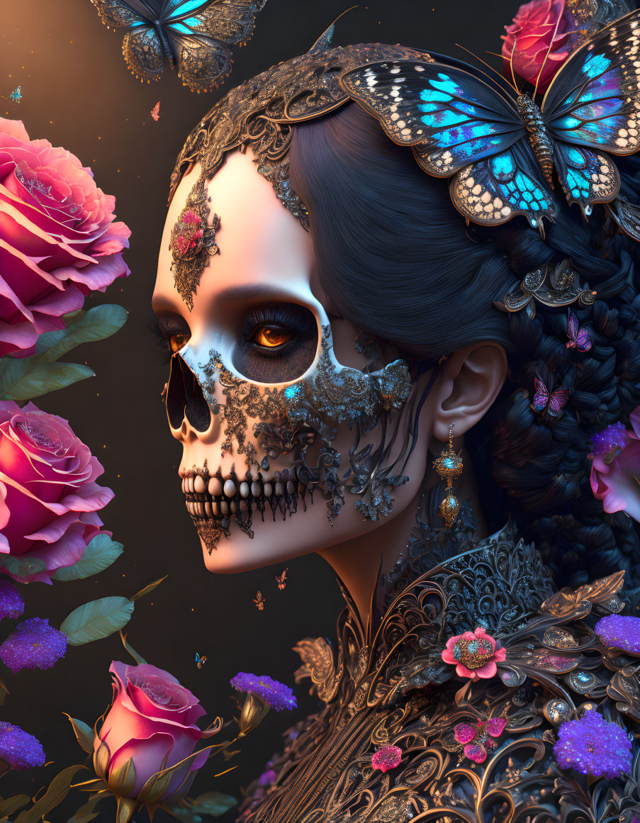 Portrait of person with skull face paint, adorned with jewelry, surrounded by butterflies and roses in Day of