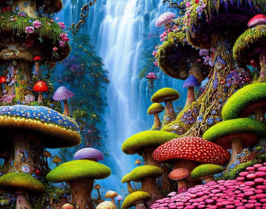 Fantastical Landscape with Oversized Mushrooms and Waterfall