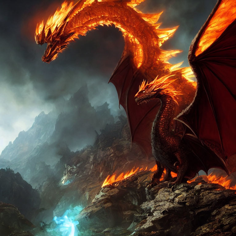 Fiery orange dragon faces small blue creature on rocky terrain