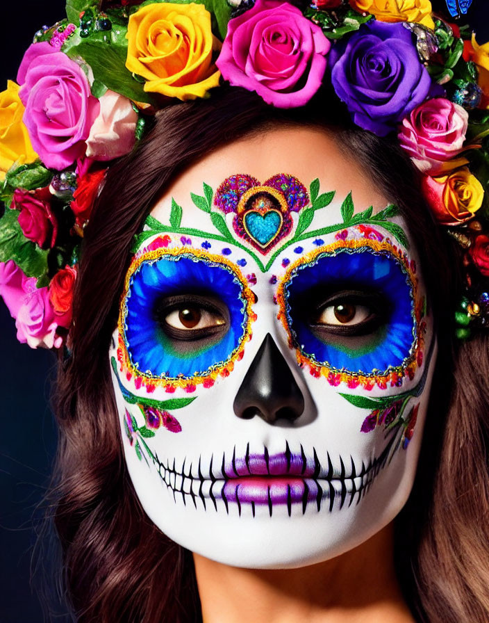 Vibrant Dia de los Muertos makeup with skull design and flower crown