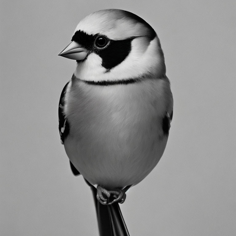 Black and white bird with distinctive plumage perched and looking sideways