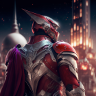 Futuristic knight in red and silver armor with fiery explosion and towering structure.