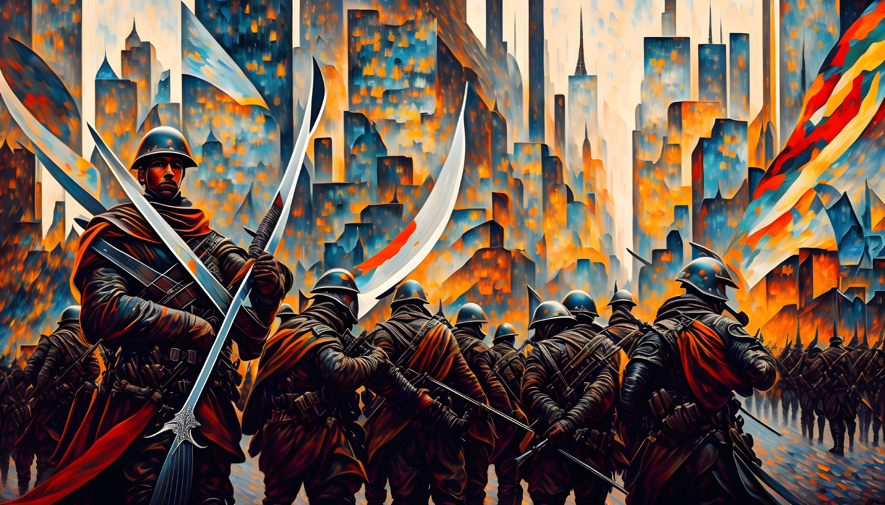 Futuristic soldiers in armor with large scythes in stylized cityscape under orange sky
