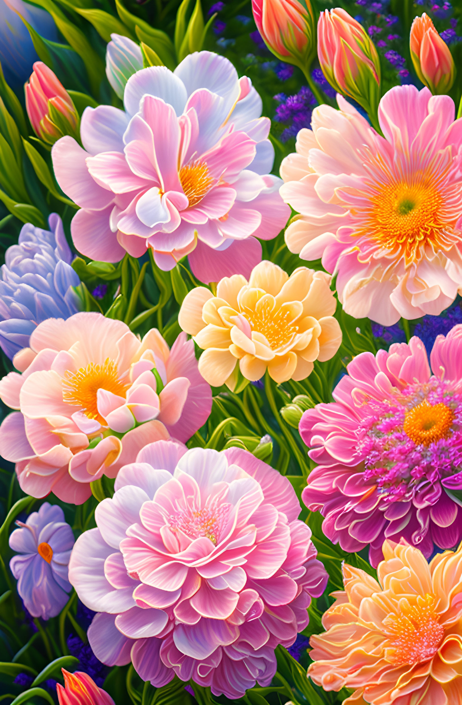 Colorful pink, orange, and purple flowers with intricate petal details in a lush garden