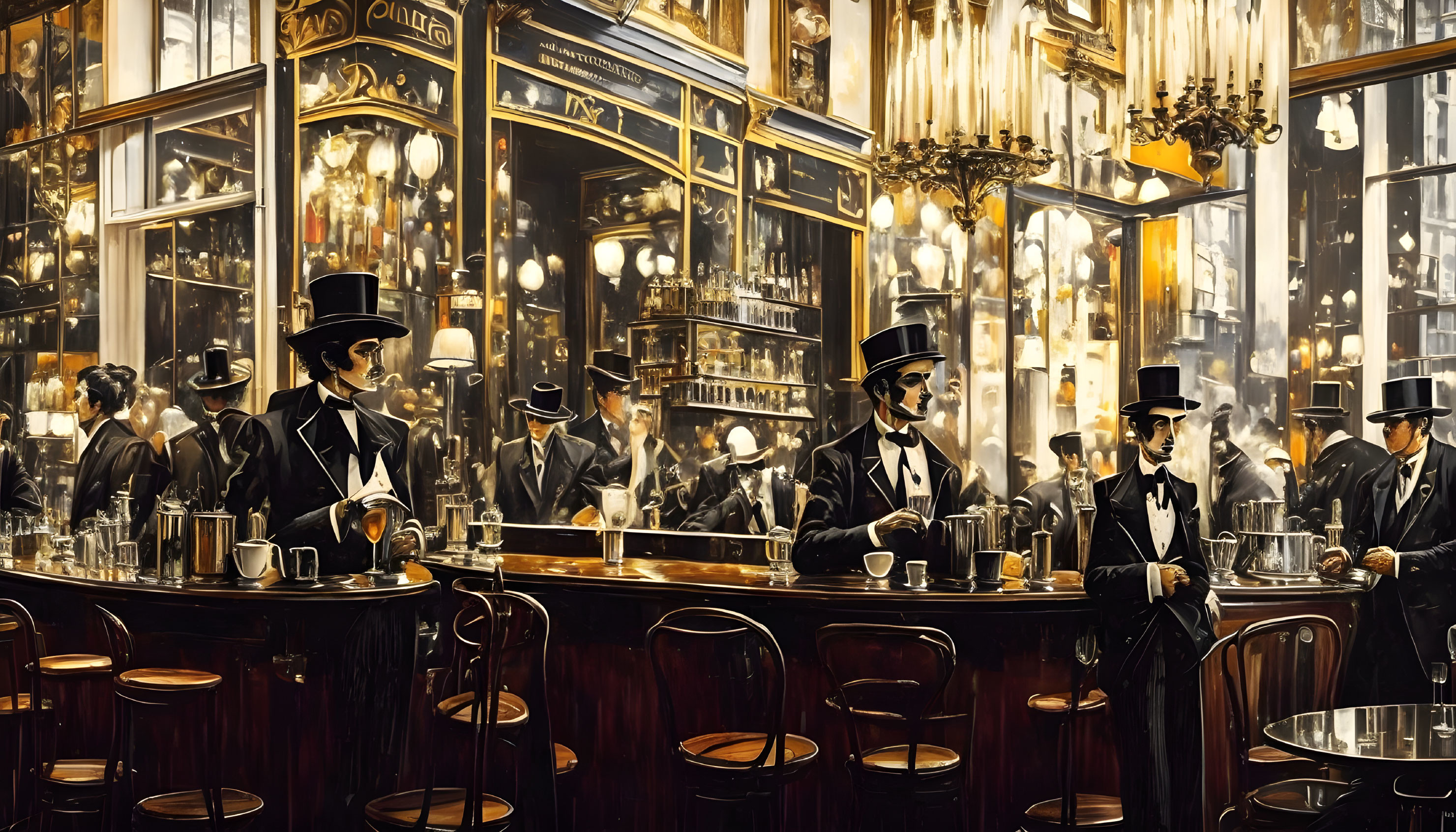 Sophisticated bar scene with men in top hats and tails in warmly lit interior