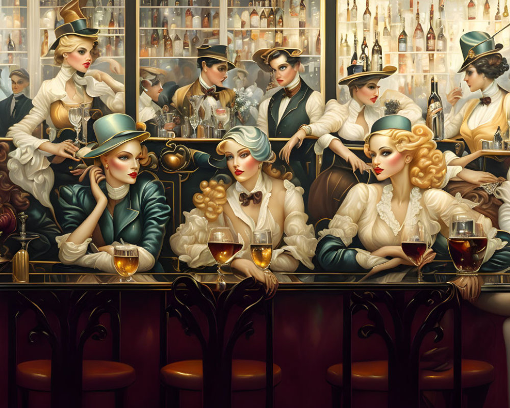 Sophisticated patrons in vintage bar with art deco elements and warm tones