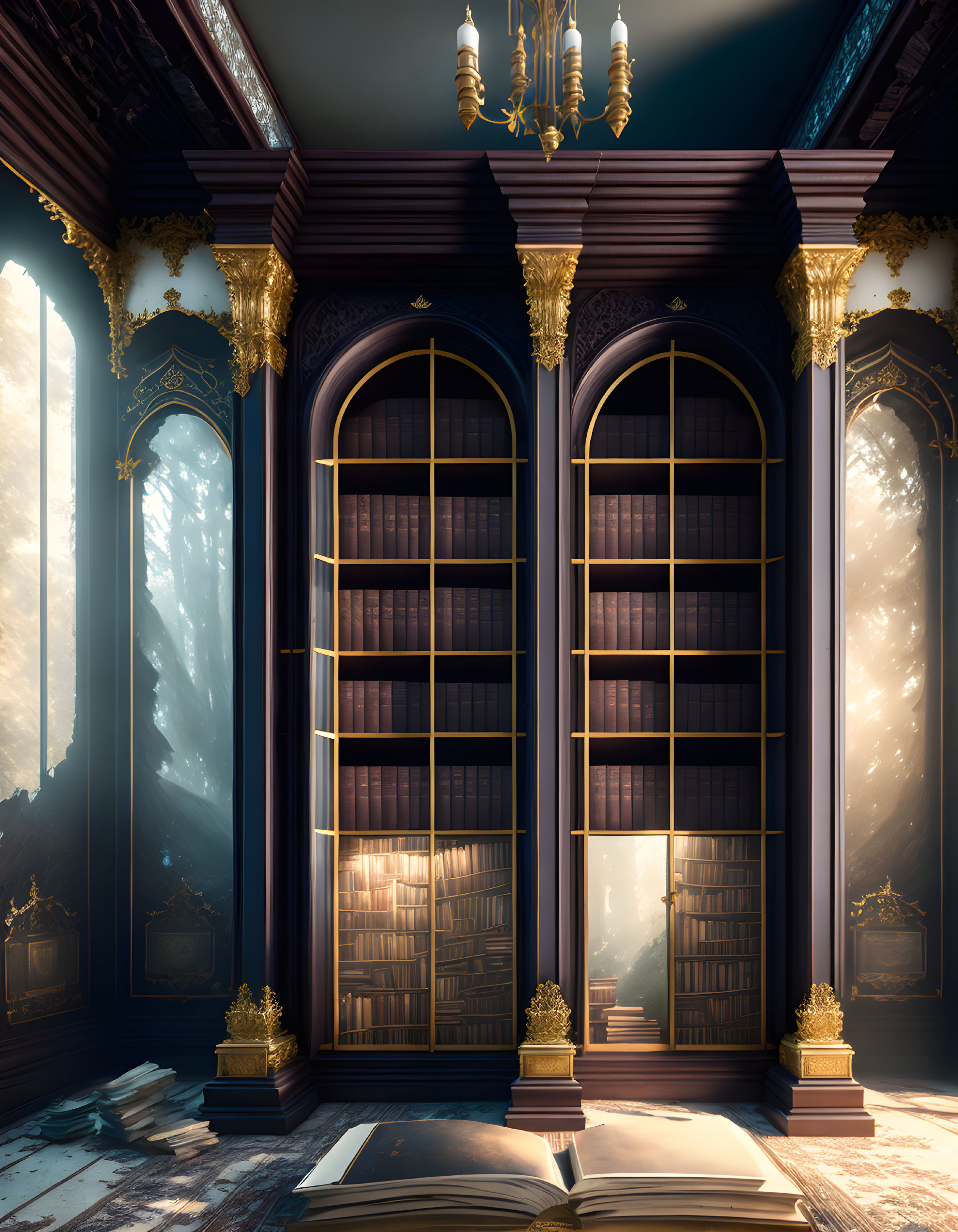 Elegant Library with Tall Bookcases and Golden Details
