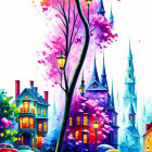 Colorful whimsical buildings and stylized trees with butterflies in the sky