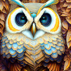 Vibrant owl illustration with captivating eyes and floral mosaic patterns