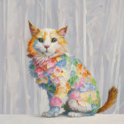 Colorful Cat Illustration Among Floral Motifs and Whimsical Background
