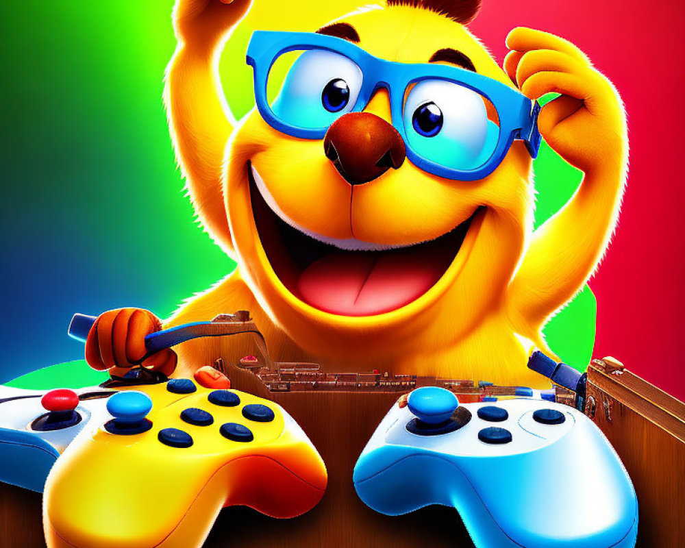 Colorful Animated Character with Game Controllers on Rainbow Background
