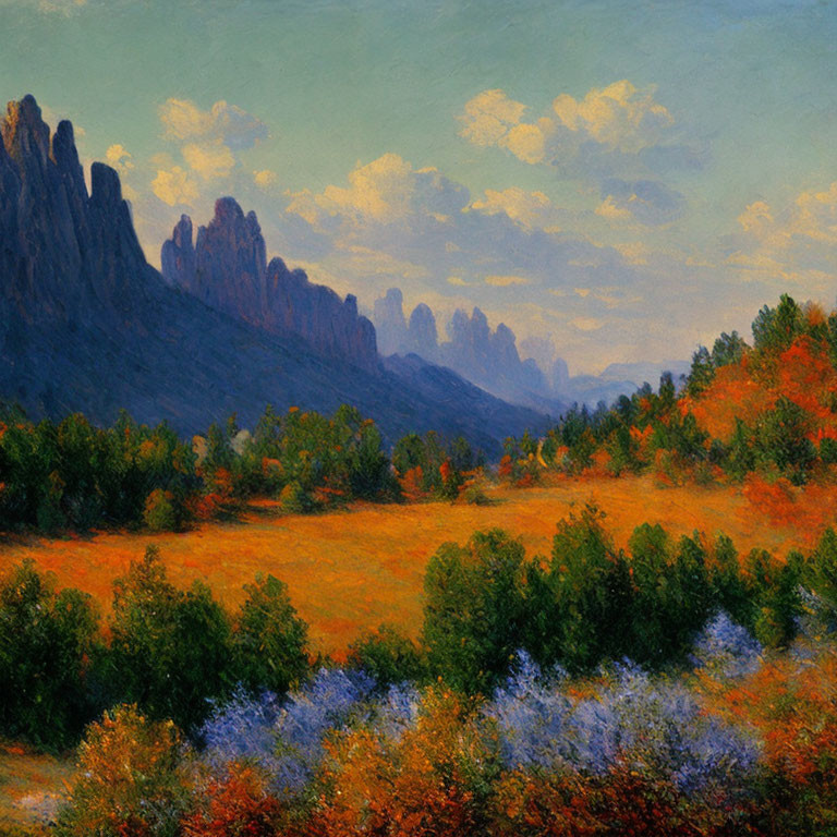 Impressionist Landscape Painting: Autumn Trees and Rocky Mountains