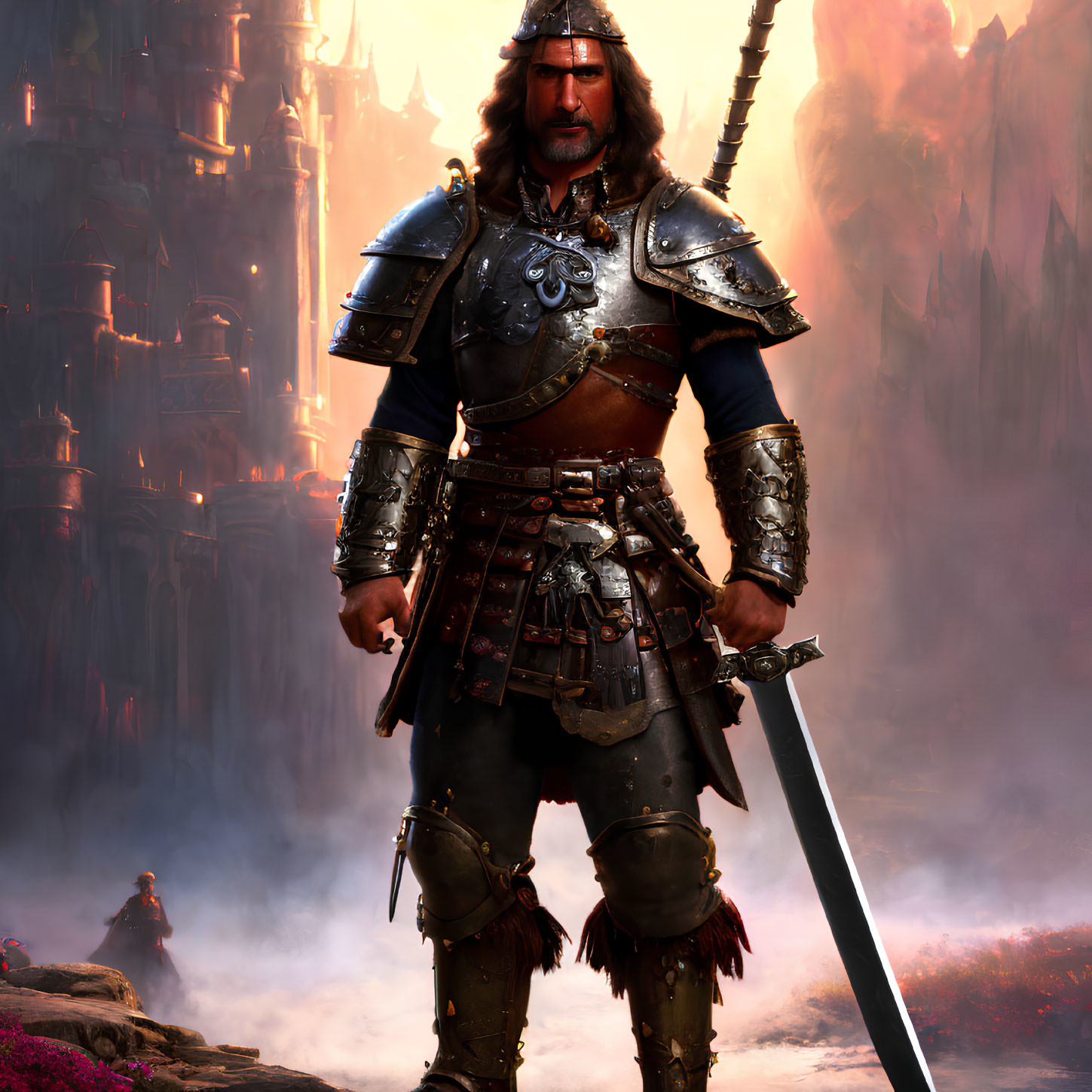 Ornate armored knight with sword in mystical castle backdrop