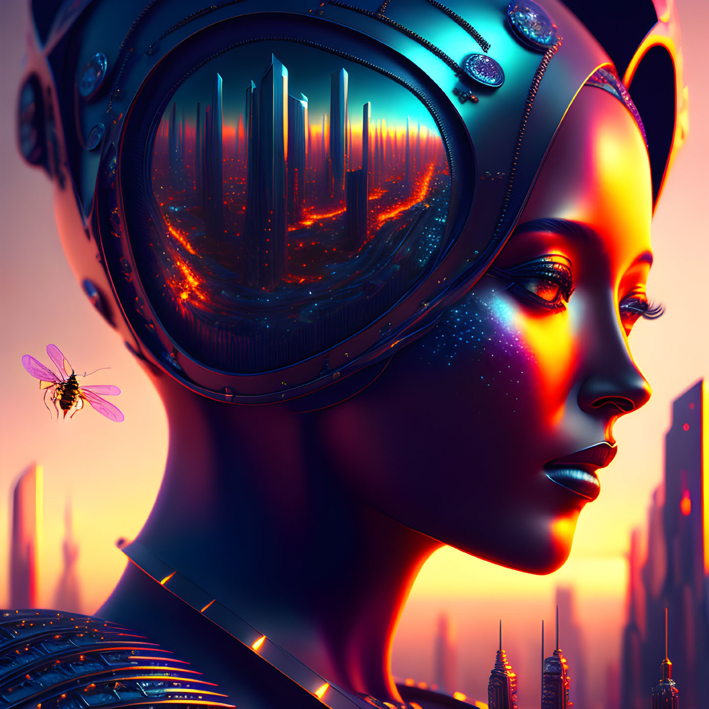 Futuristic female android with reflective helmet and cosmic skin patterns.