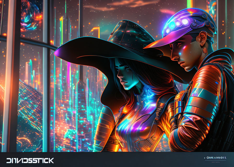 Futuristic stylized characters in glowing outfits against neon cityscape
