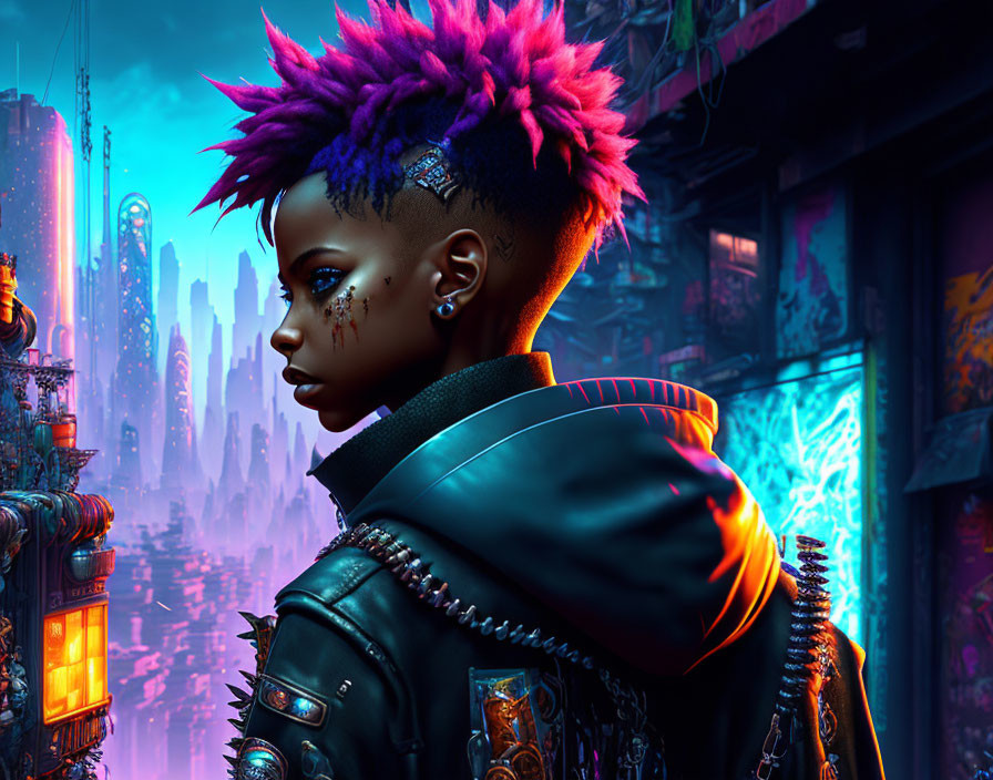 Purple Spiky Hair Cyberpunk Character in Studded Leather Jacket