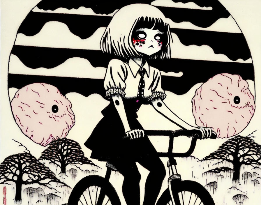 Illustration of girl on bicycle with pom-pom creatures in moon-like setting