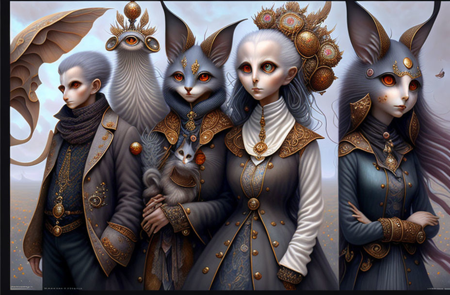 Regal Victorian-style anthropomorphic feline characters in mystical setting