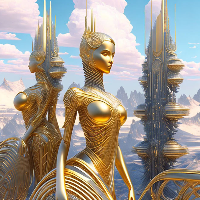Golden humanoid figures in futuristic setting with intricate architecture and cloudy sky.